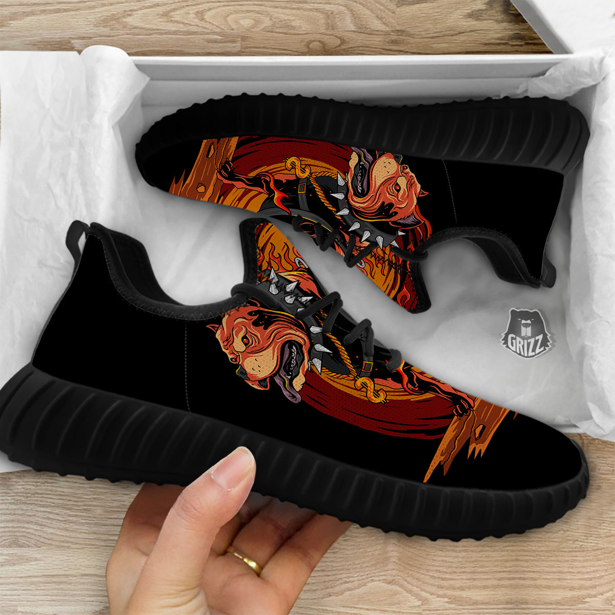Fire Pitbull Print Black Walking Shoes-grizzshop