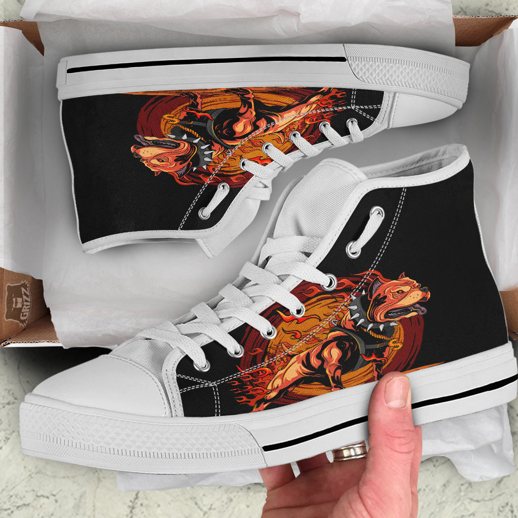 Fire Pitbull Print White High Top Shoes-grizzshop