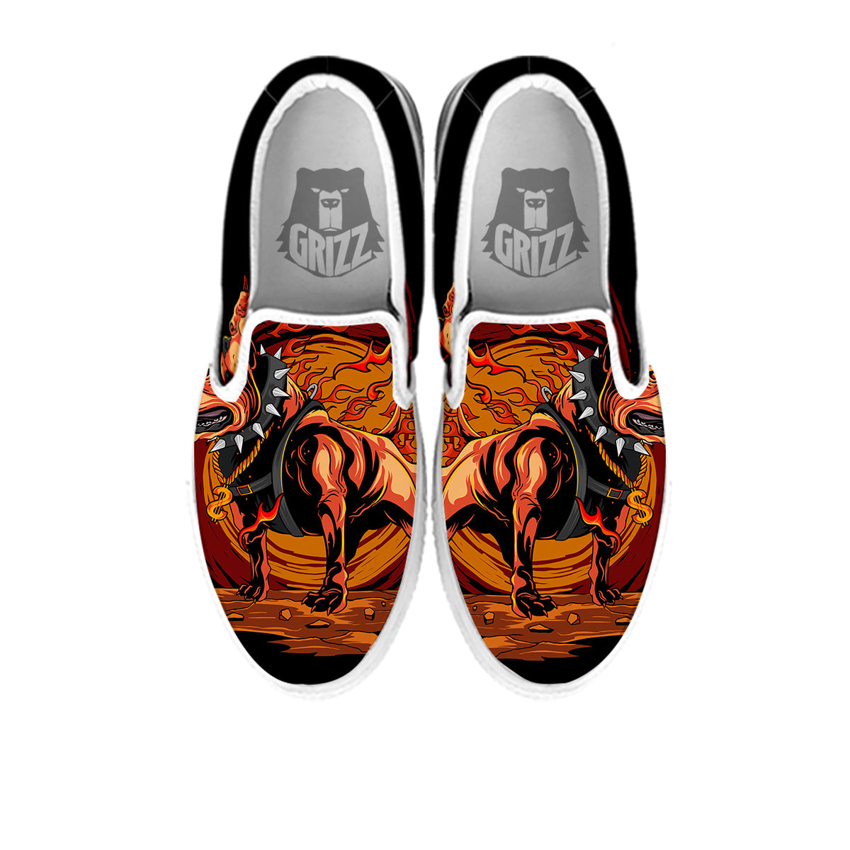 Fire Pitbull Print White Slip On Shoes-grizzshop