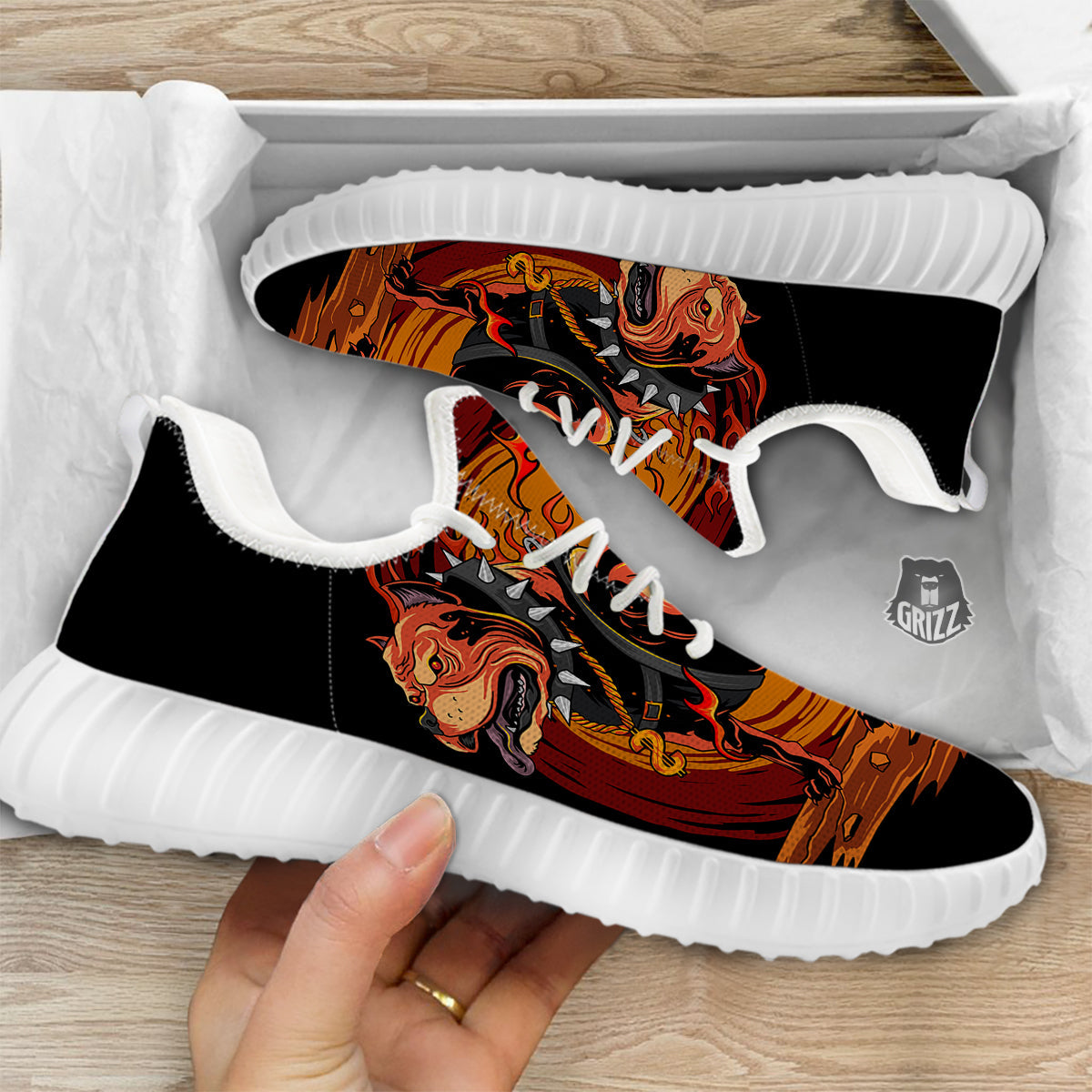 Fire Pitbull Print White Walking Shoes-grizzshop