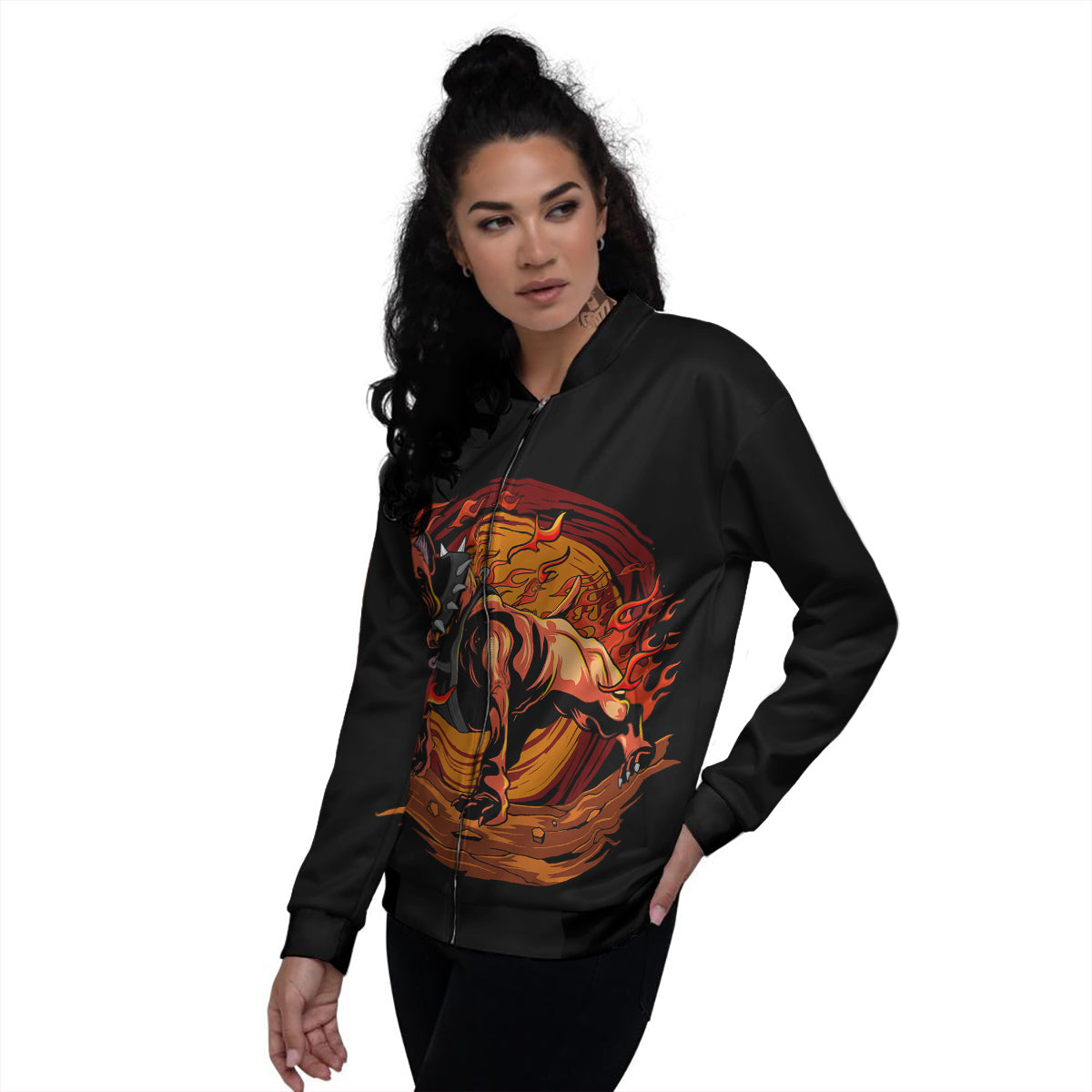 Fire Pitbull Print Women's Bomber Jacket-grizzshop