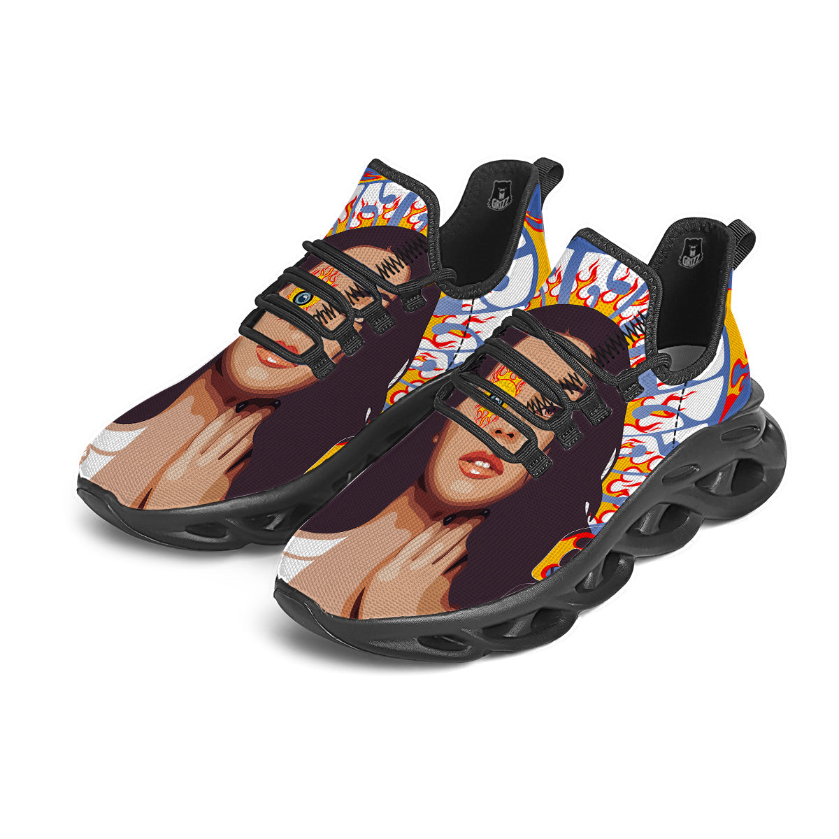 Fire Psychedelic Women Print Black Running Shoes-grizzshop