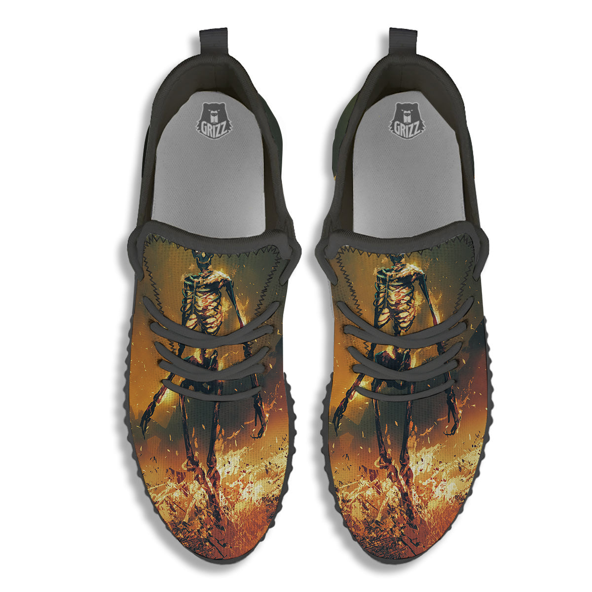 Fire Skeleton Print Black Walking Shoes-grizzshop