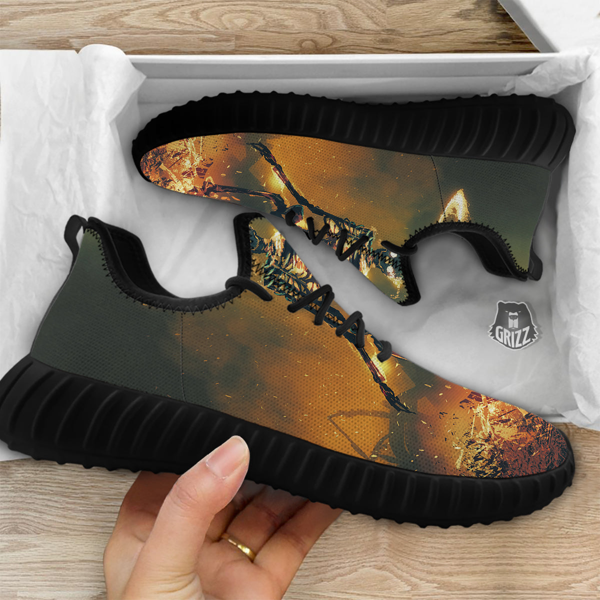 Fire Skeleton Print Black Walking Shoes-grizzshop