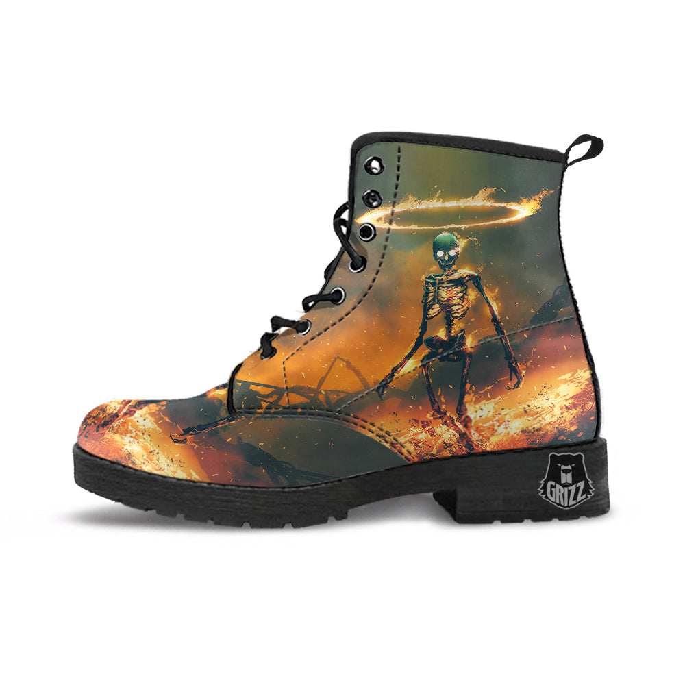 Fire Skeleton Print Leather Boots-grizzshop