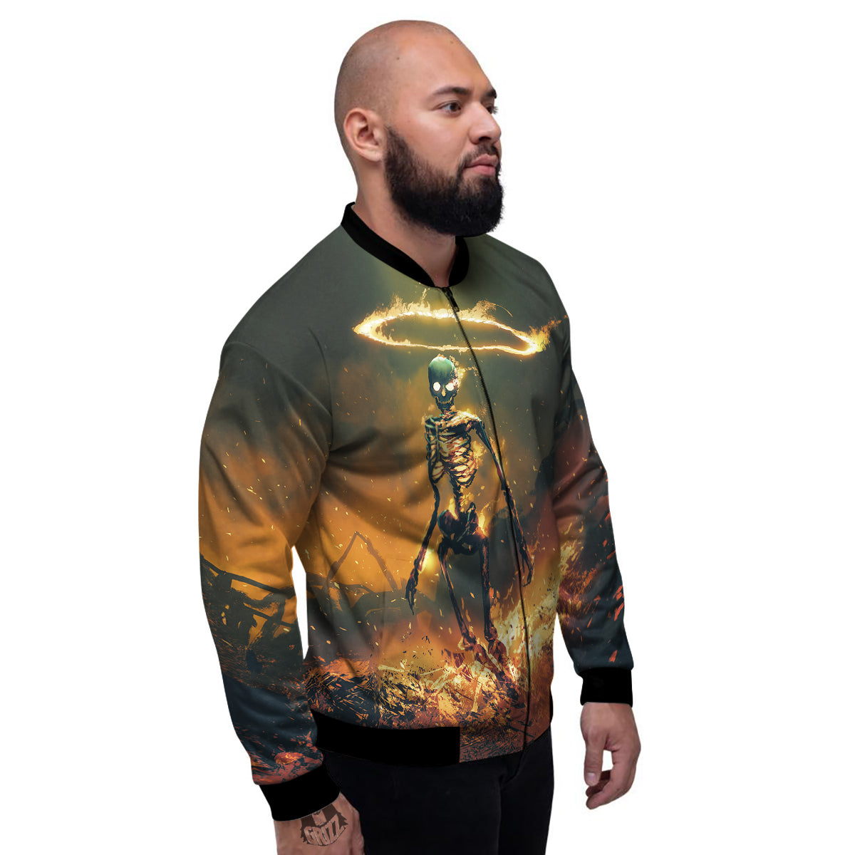 Fire Skeleton Print Men's Bomber Jacket-grizzshop