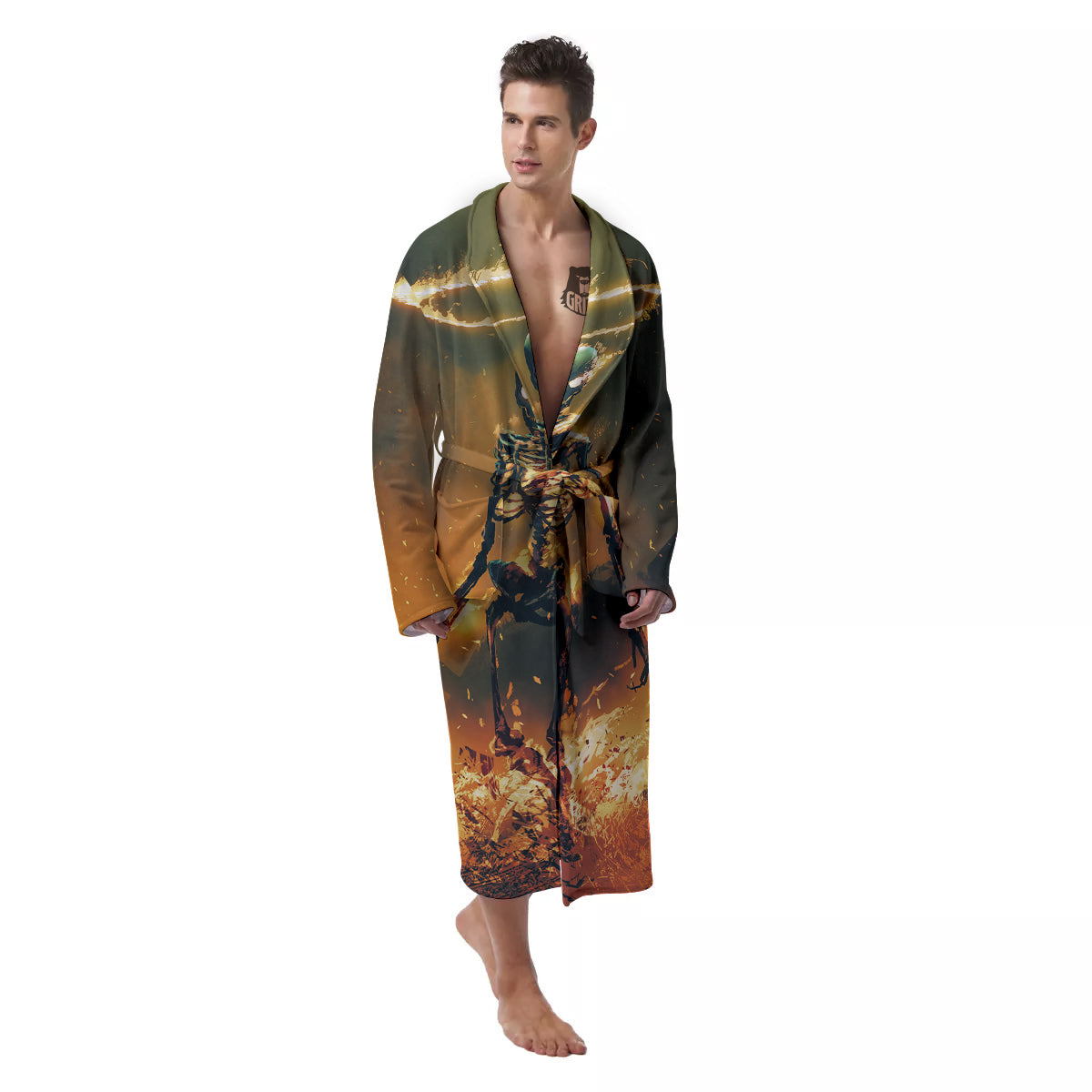 Fire Skeleton Print Men's Robe-grizzshop