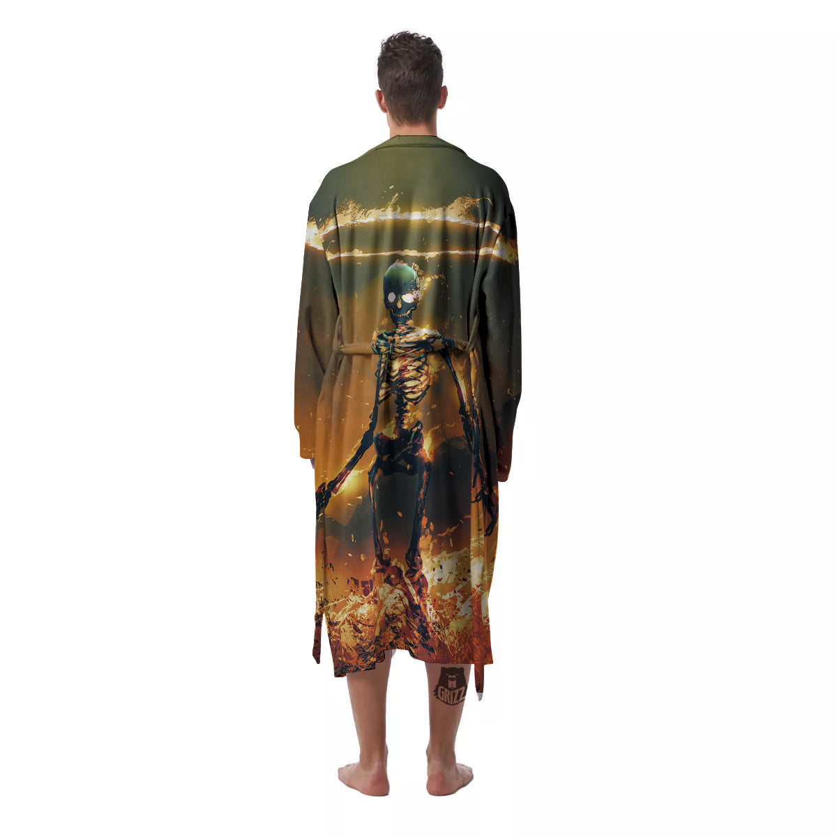 Fire Skeleton Print Men's Robe-grizzshop