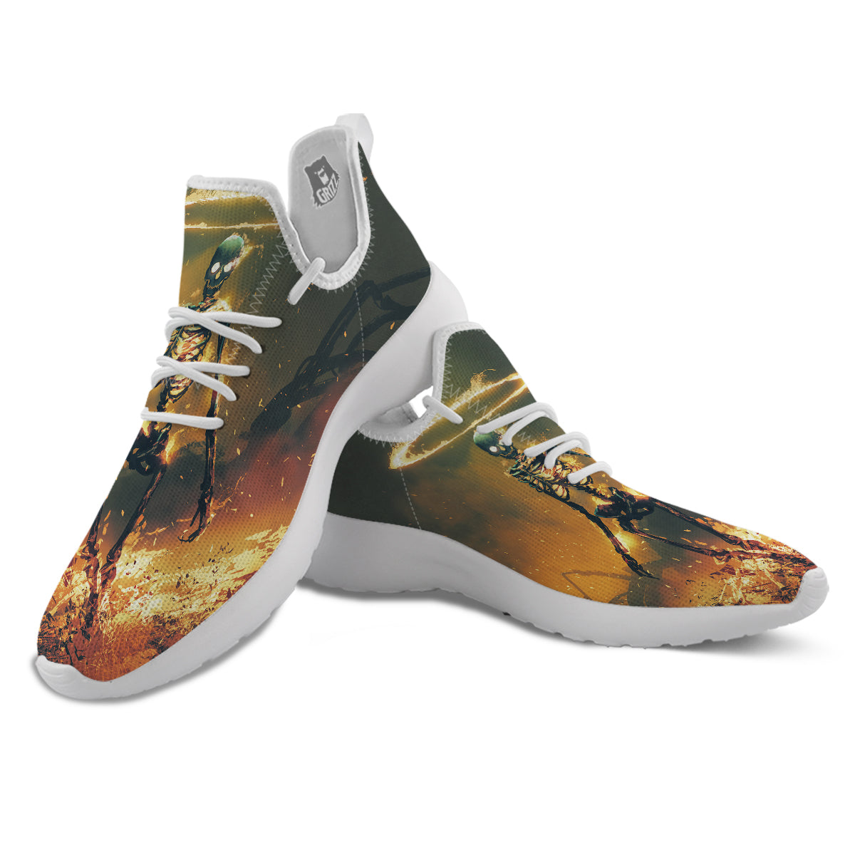 Fire Skeleton Print White Athletic Shoes-grizzshop