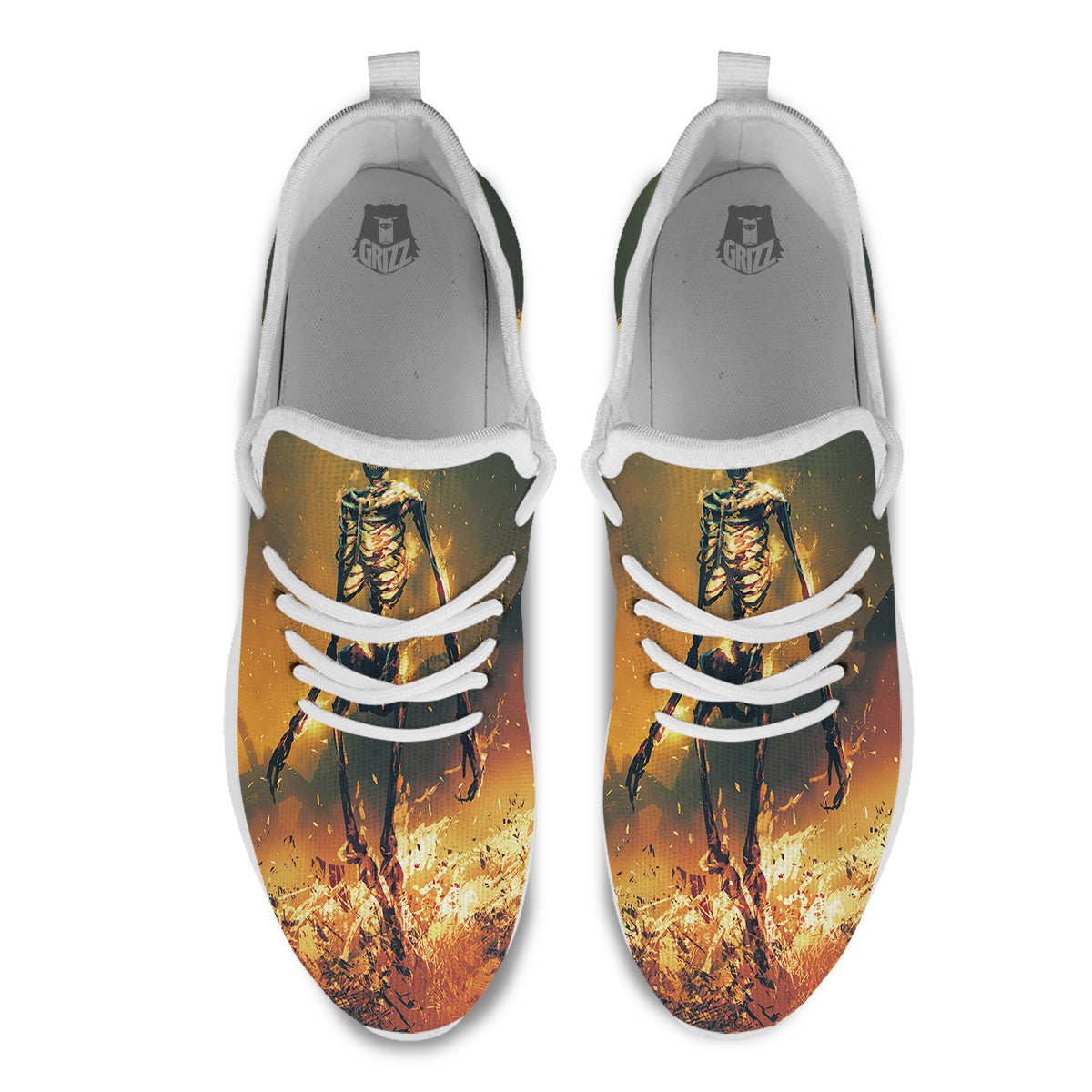 Fire Skeleton Print White Athletic Shoes-grizzshop