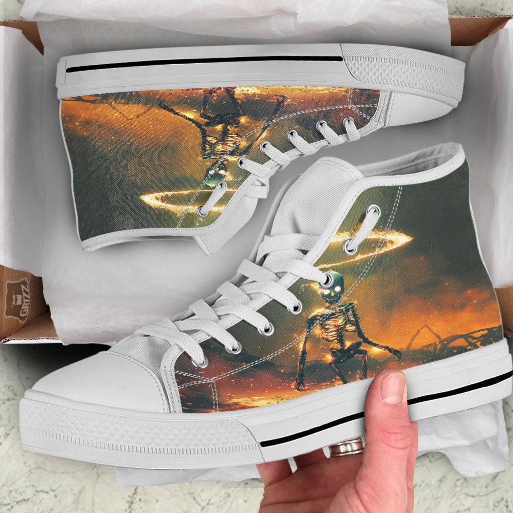 Fire Skeleton Print White High Top Shoes-grizzshop