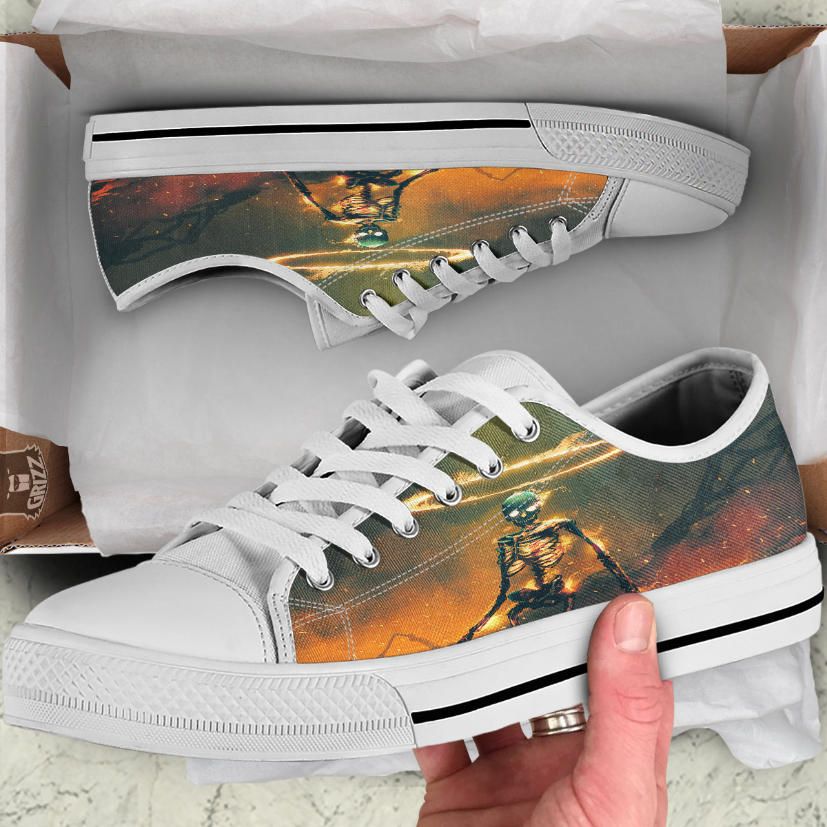 Fire Skeleton Print White Low Top Shoes-grizzshop