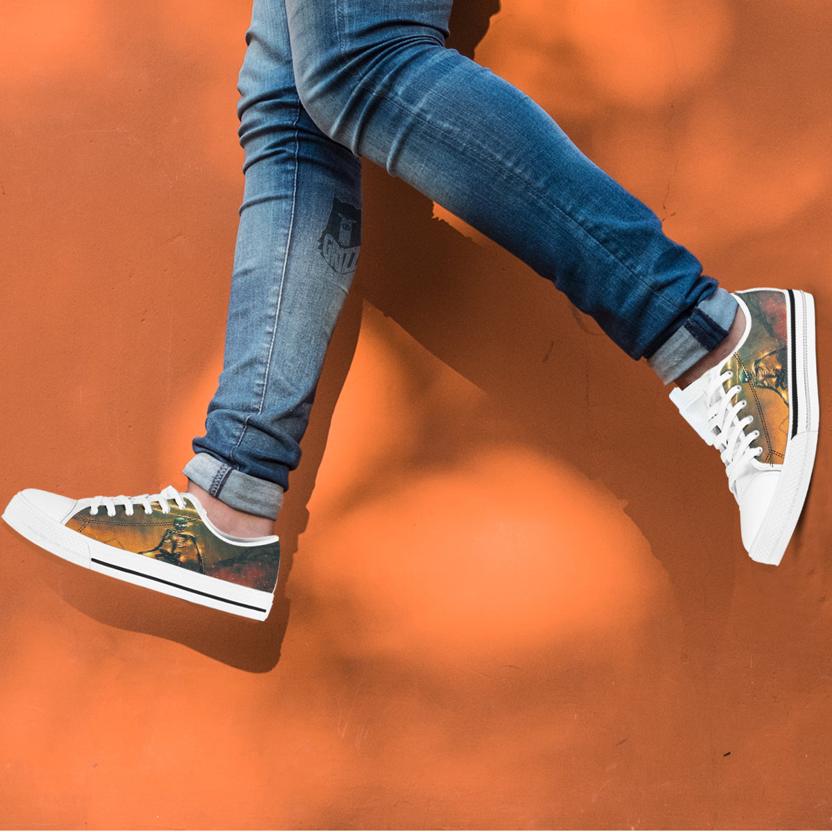 Fire Skeleton Print White Low Top Shoes-grizzshop