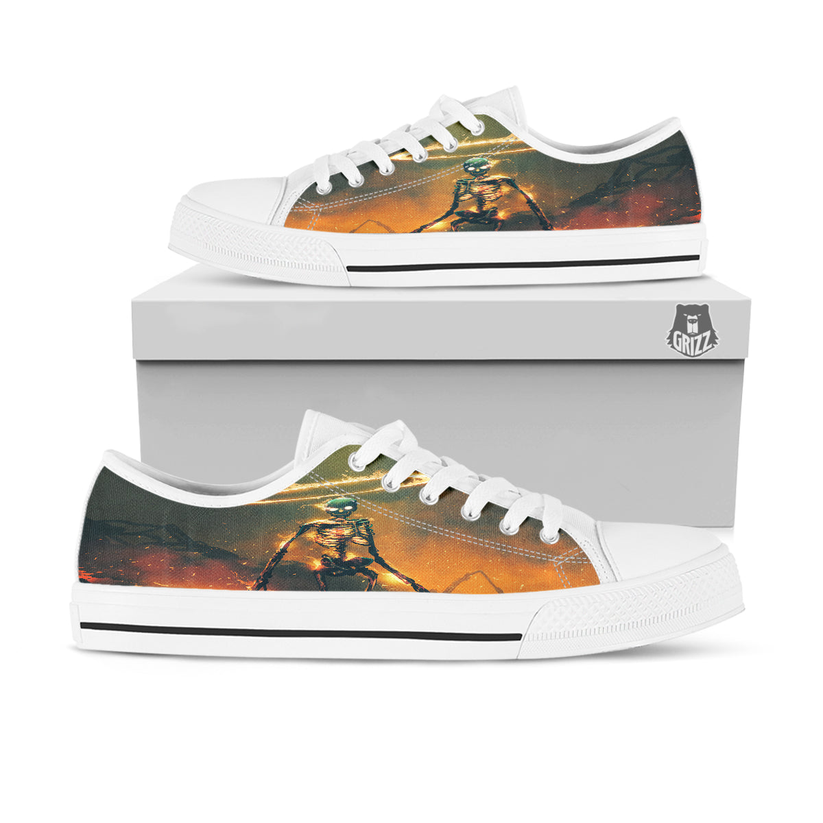 Fire Skeleton Print White Low Top Shoes-grizzshop