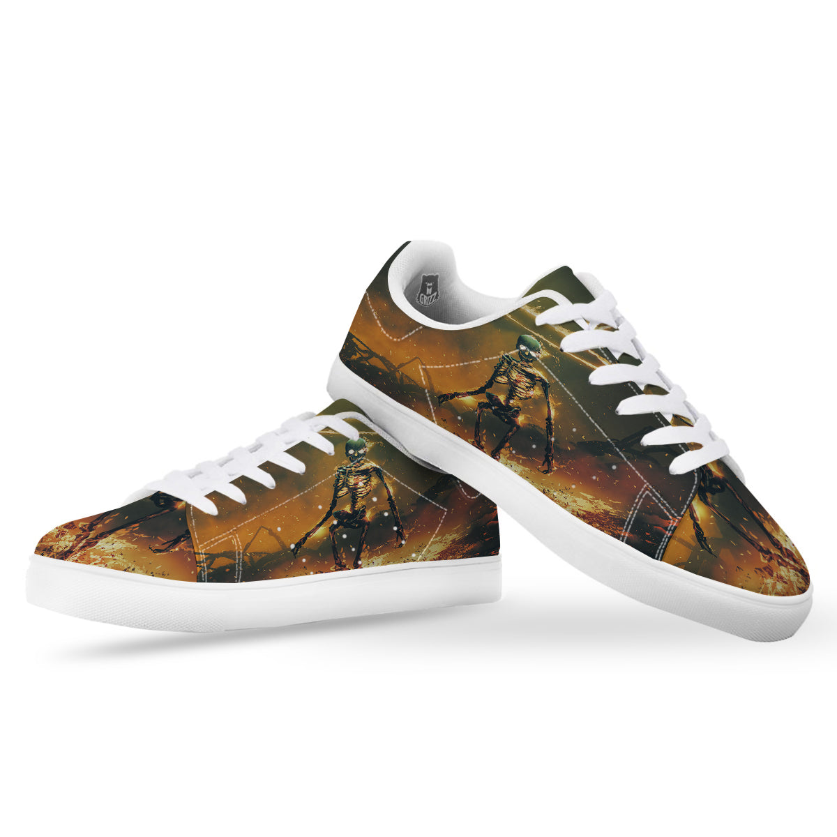 Fire Skeleton Print White Low Top Sneakers-grizzshop