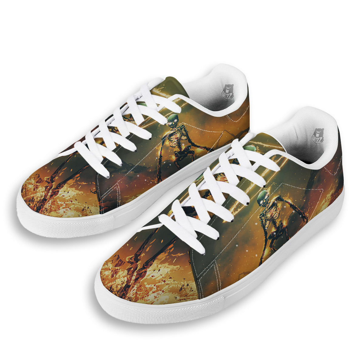 Fire Skeleton Print White Low Top Sneakers-grizzshop
