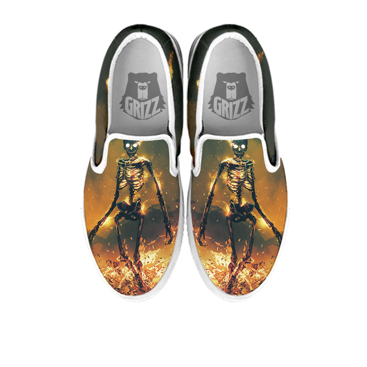 Fire Skeleton Print White Slip On Shoes-grizzshop