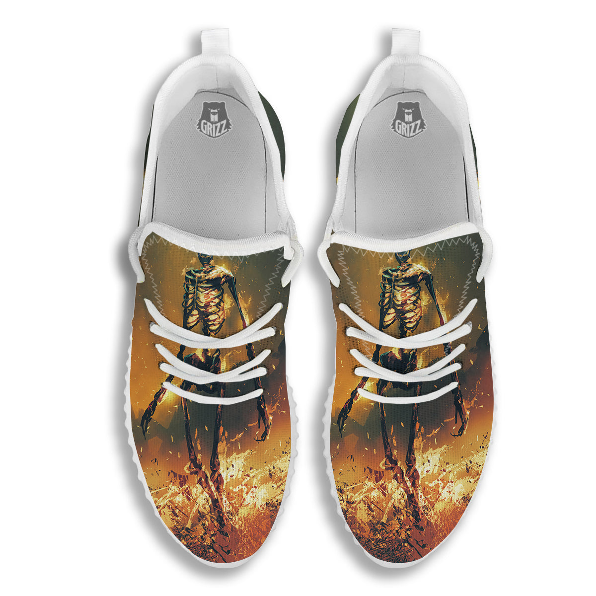 Fire Skeleton Print White Walking Shoes-grizzshop