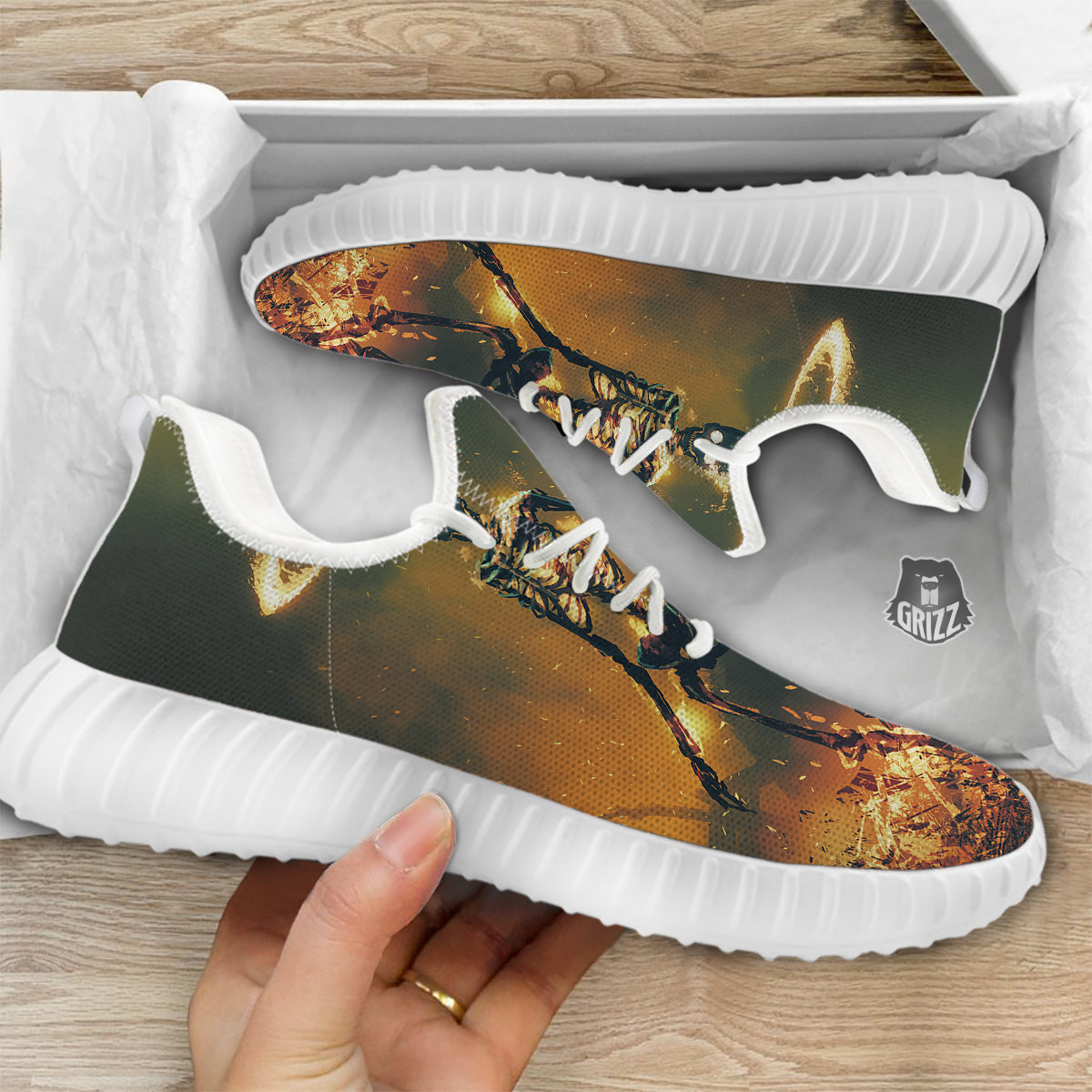 Fire Skeleton Print White Walking Shoes-grizzshop
