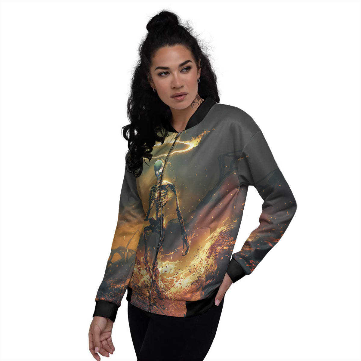Fire Skeleton Print Women's Bomber Jacket-grizzshop