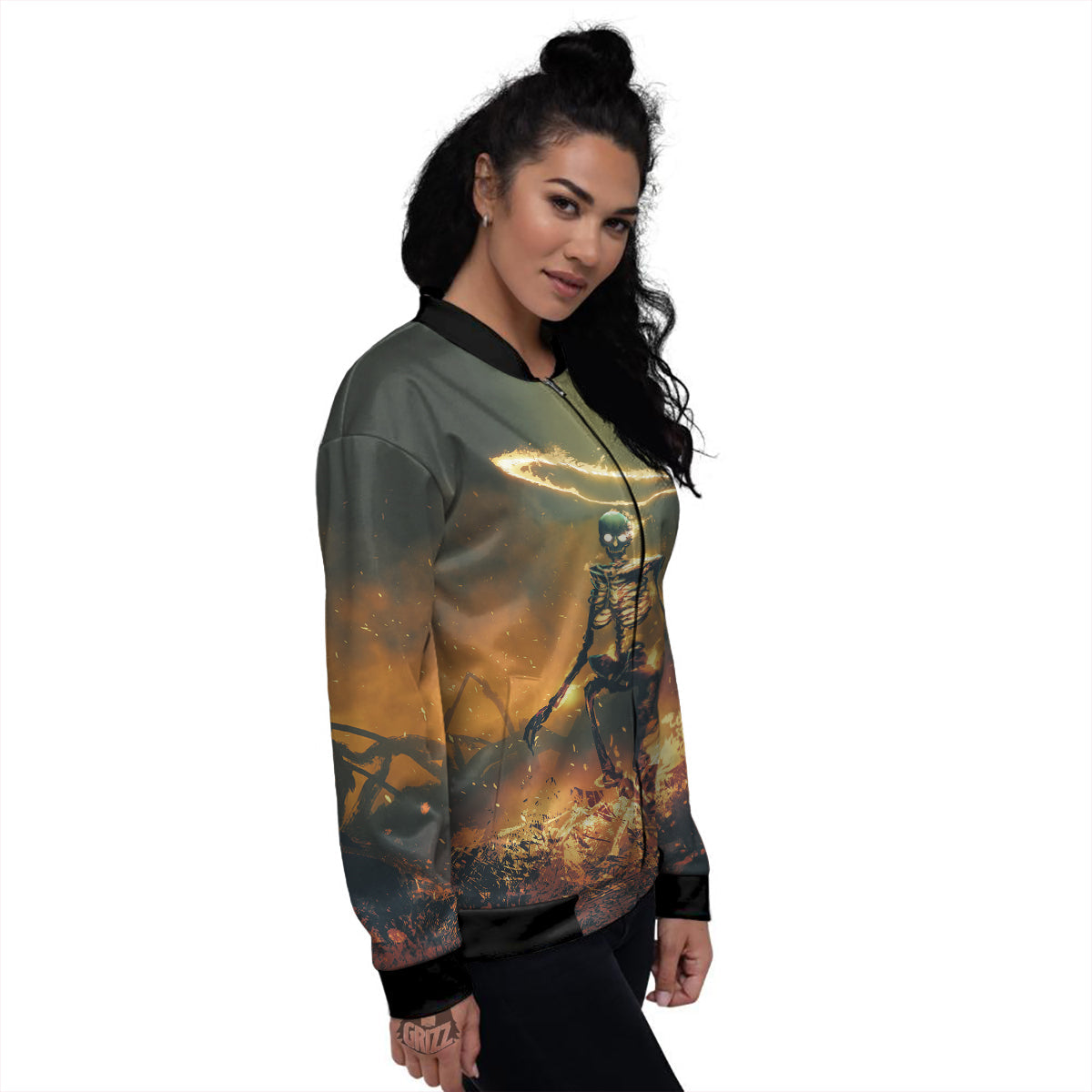 Fire Skeleton Print Women's Bomber Jacket-grizzshop