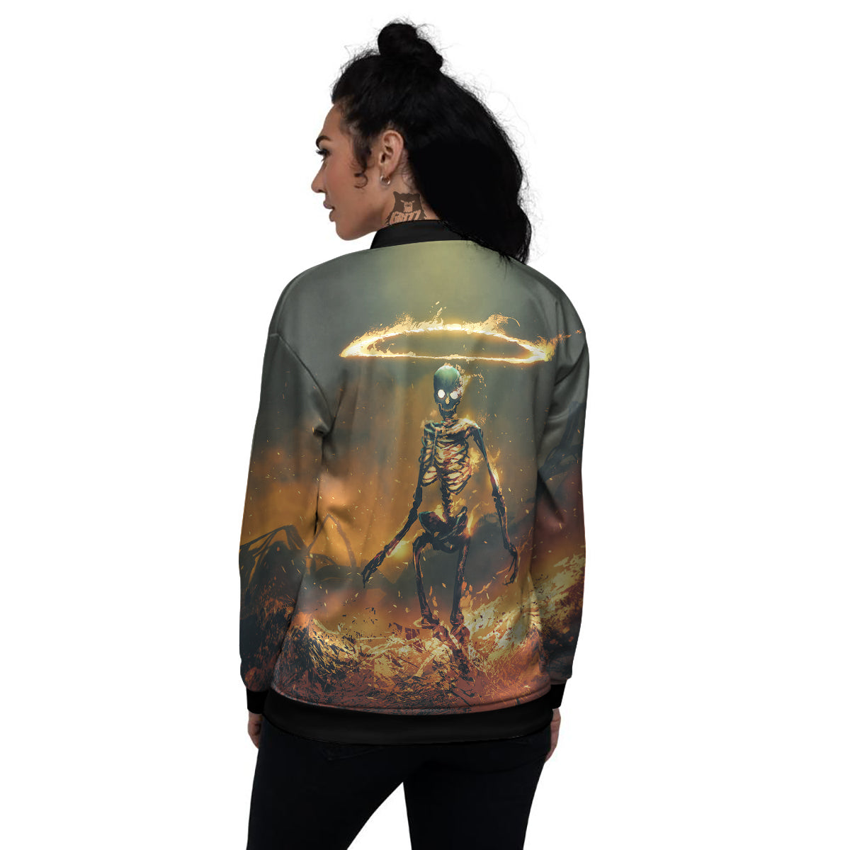 Fire Skeleton Print Women's Bomber Jacket-grizzshop