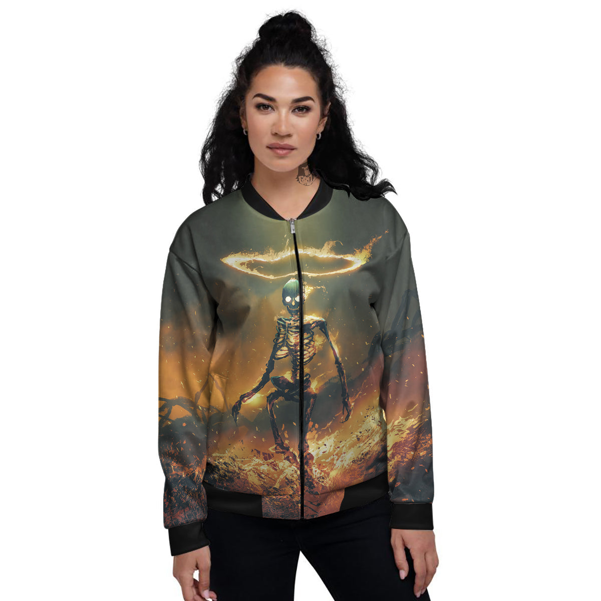 Fire Skeleton Print Women's Bomber Jacket-grizzshop