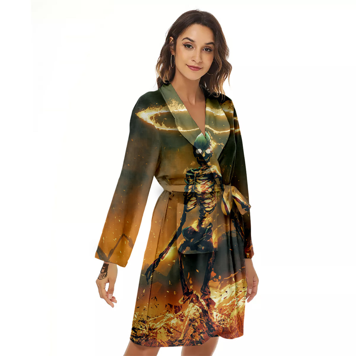 Fire Skeleton Print Women's Robe-grizzshop