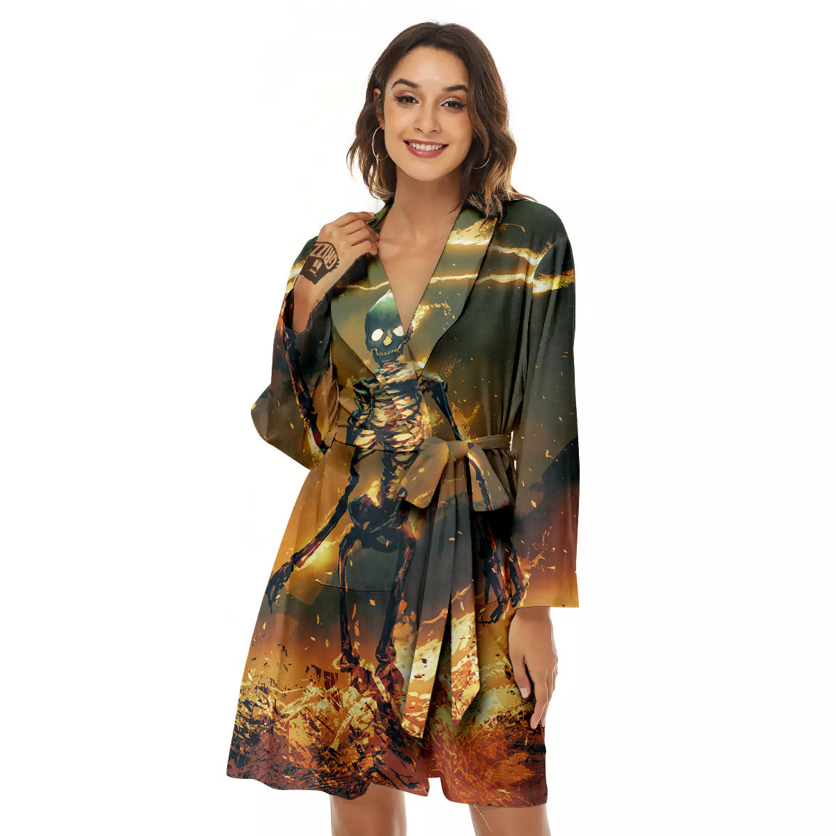 Fire Skeleton Print Women's Robe-grizzshop