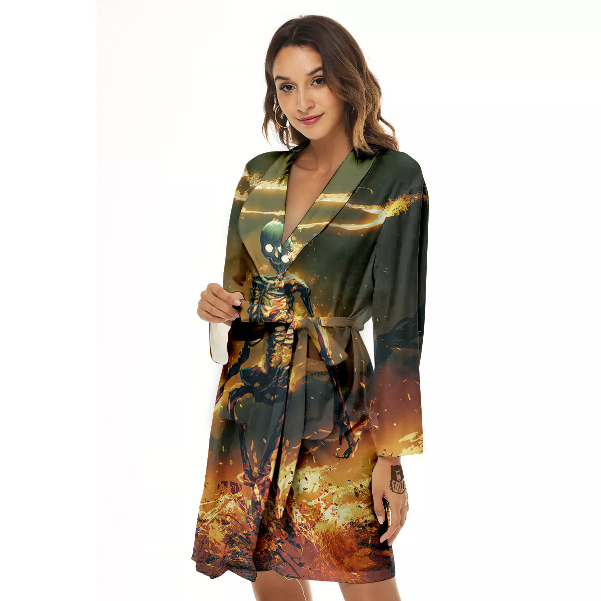 Fire Skeleton Print Women's Robe-grizzshop