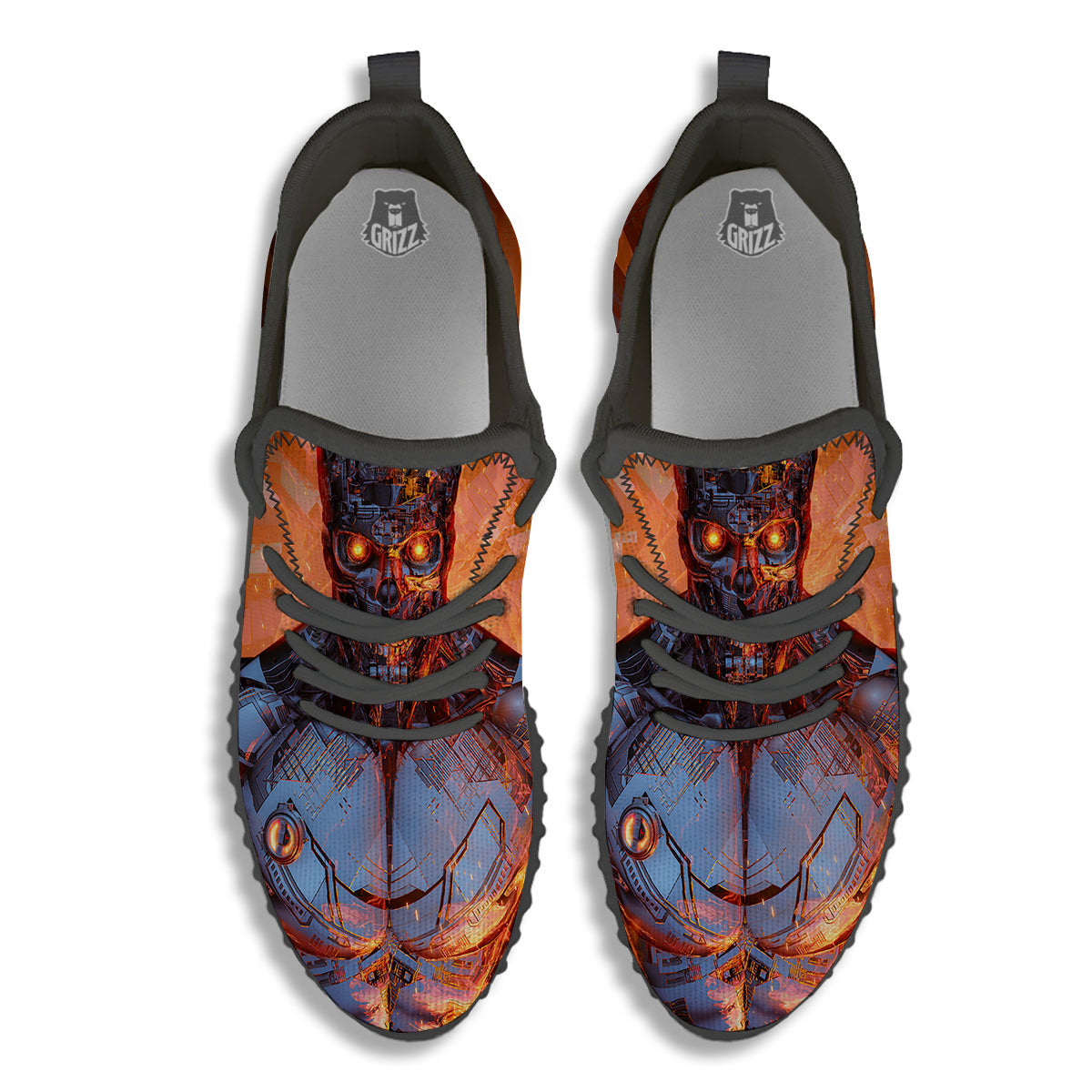 Fire Skeleton Robot Print Black Walking Shoes-grizzshop
