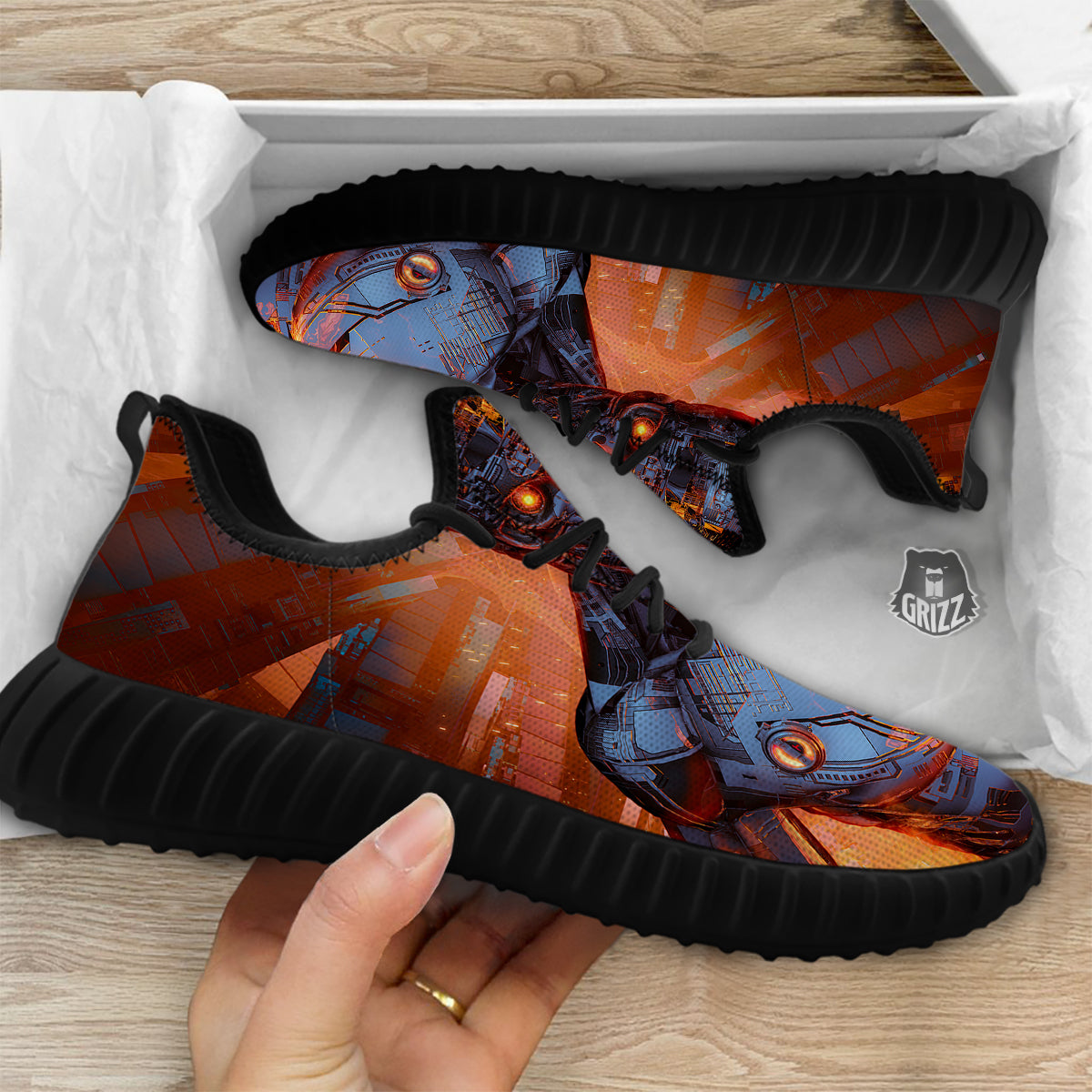 Fire Skeleton Robot Print Black Walking Shoes-grizzshop