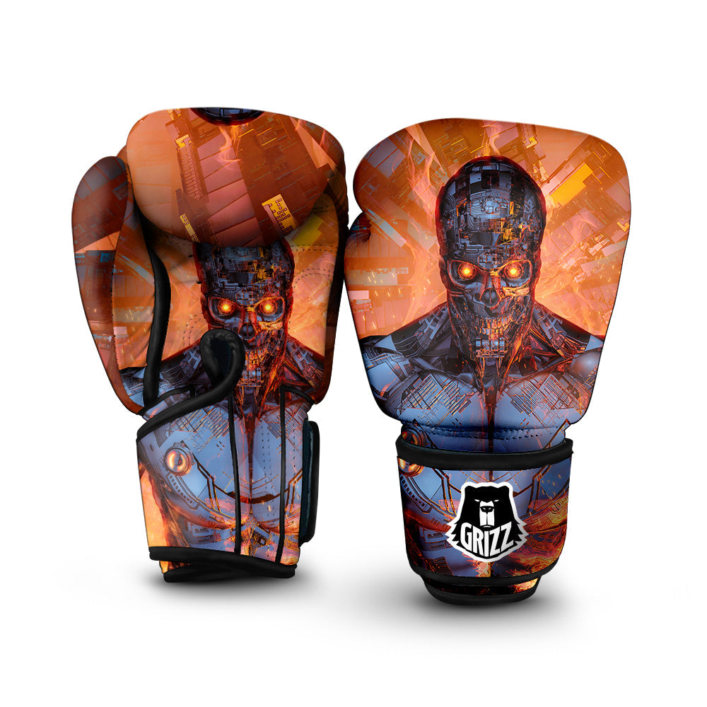 Fire Skeleton Robot Print Boxing Gloves-grizzshop