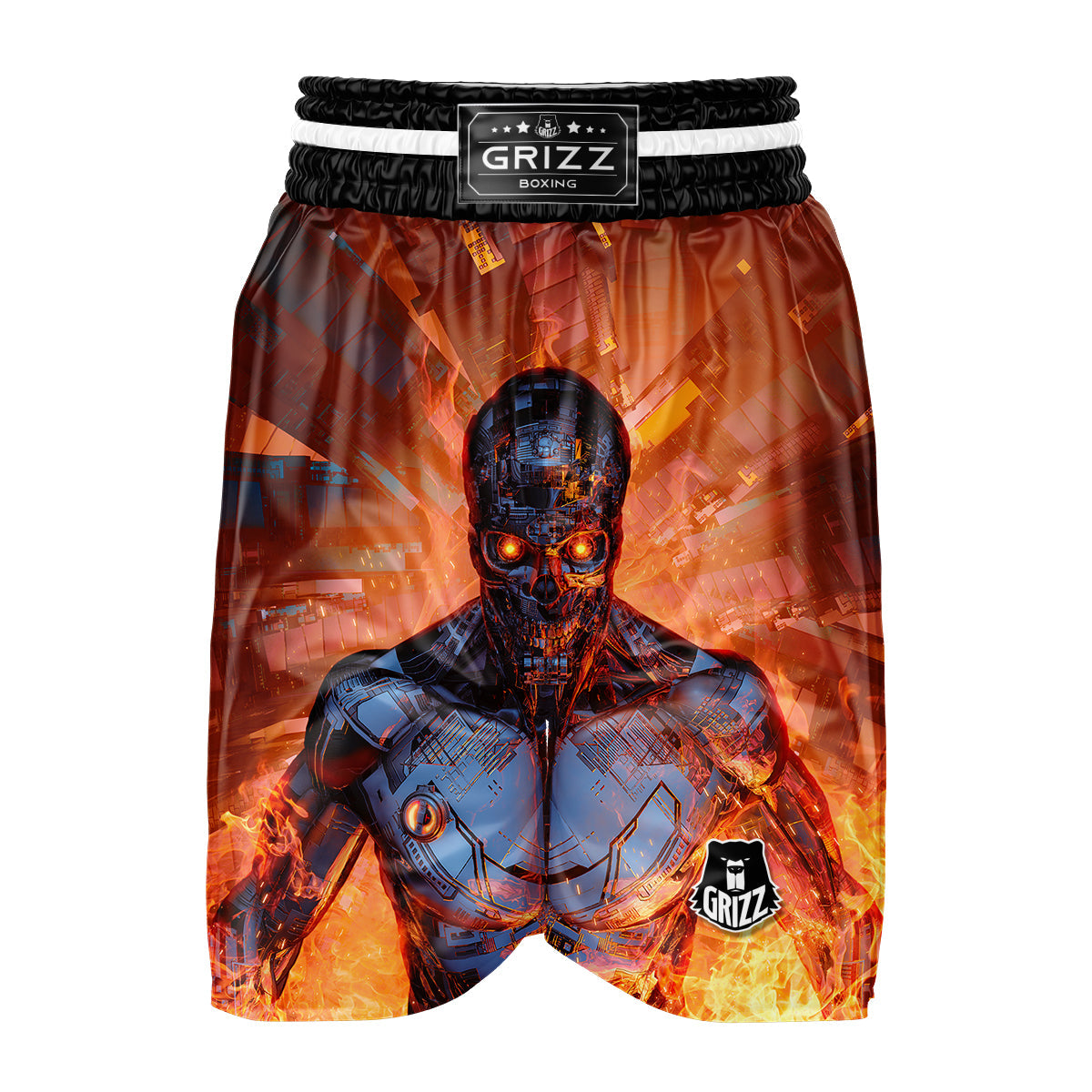 Fire Skeleton Robot Print Boxing Shorts-grizzshop