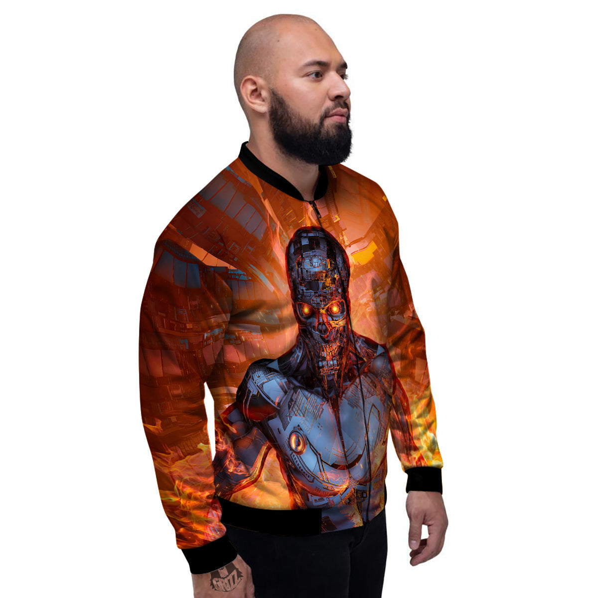 Fire Skeleton Robot Print Men's Bomber Jacket-grizzshop