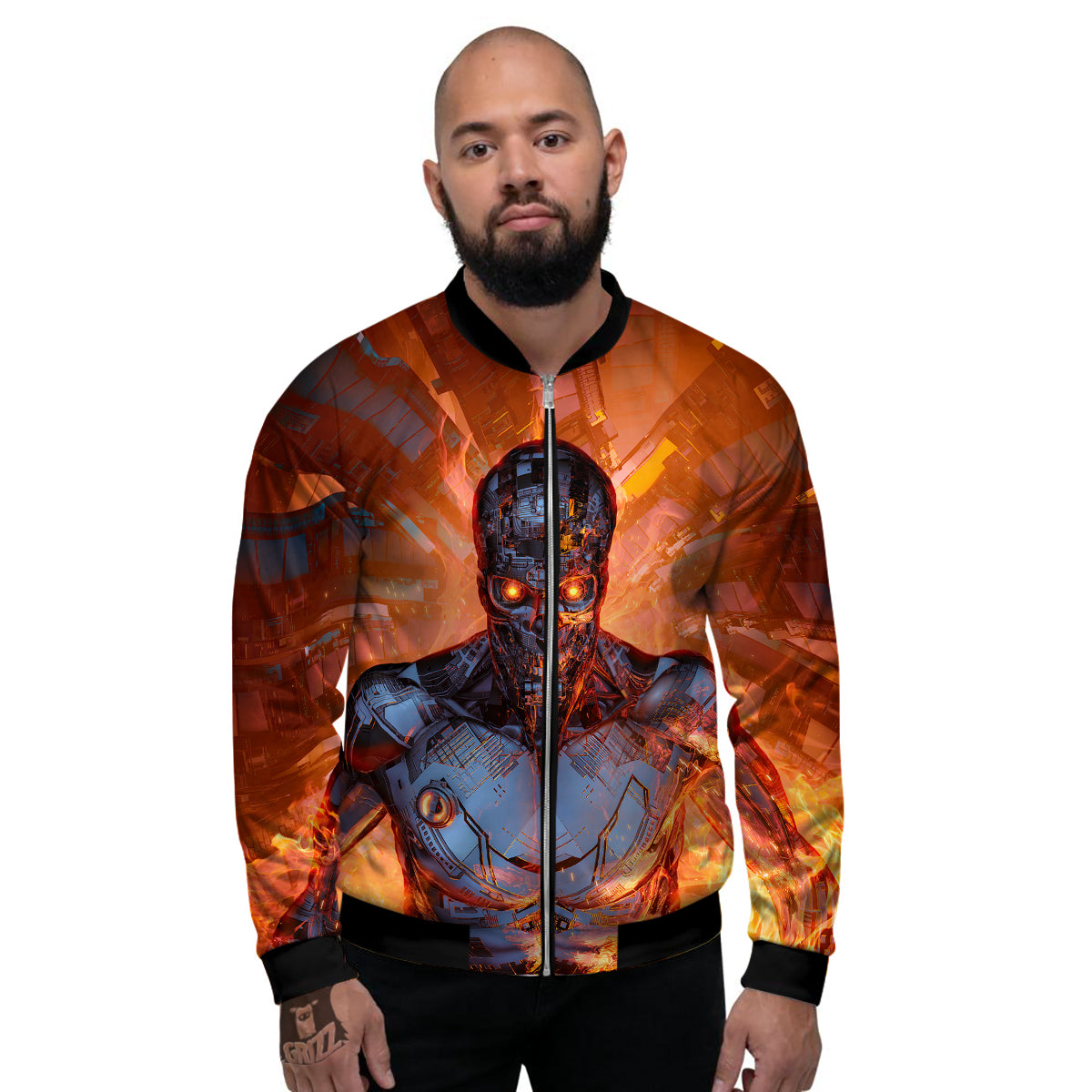 Fire Skeleton Robot Print Men's Bomber Jacket-grizzshop