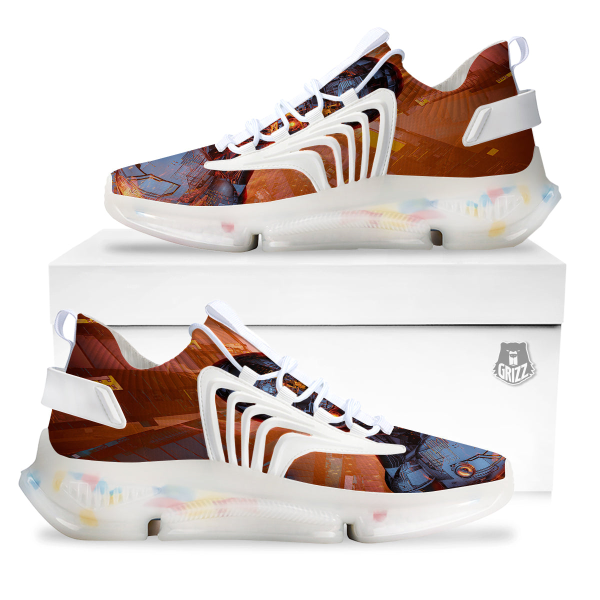 Fire Skeleton Robot Print White Gym Shoes-grizzshop
