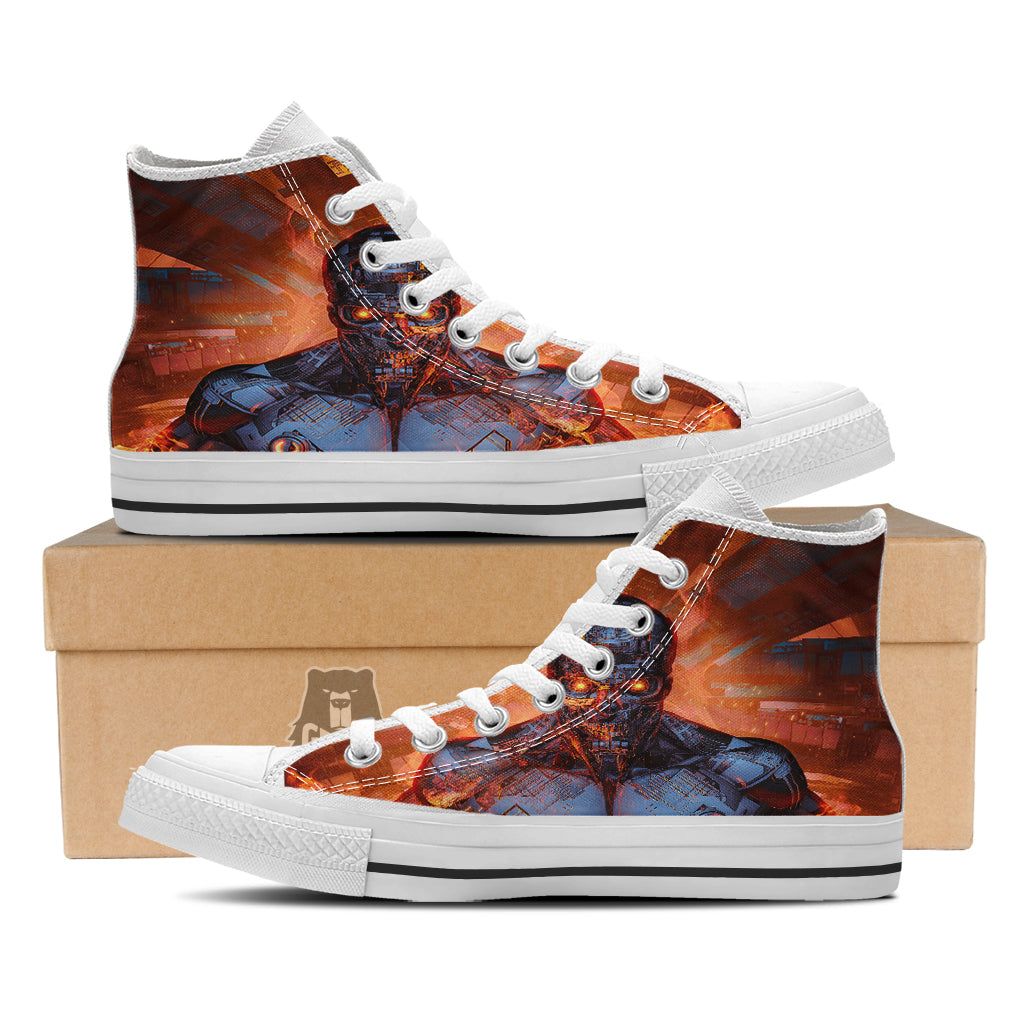 Fire Skeleton Robot Print White High Top Shoes-grizzshop