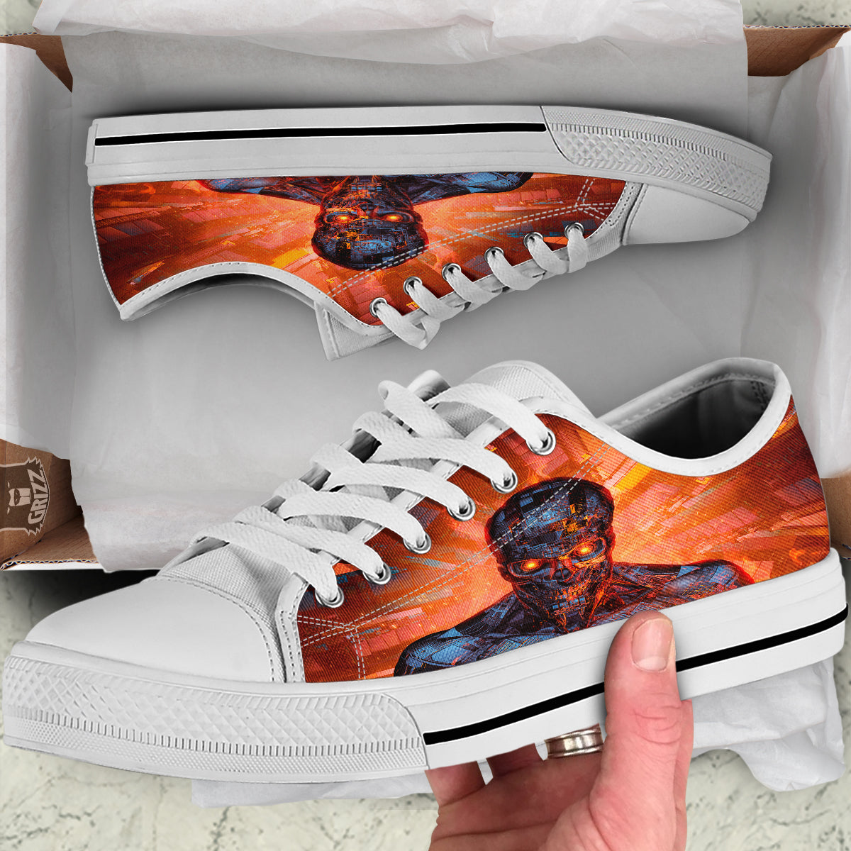 Fire Skeleton Robot Print White Low Top Shoes-grizzshop