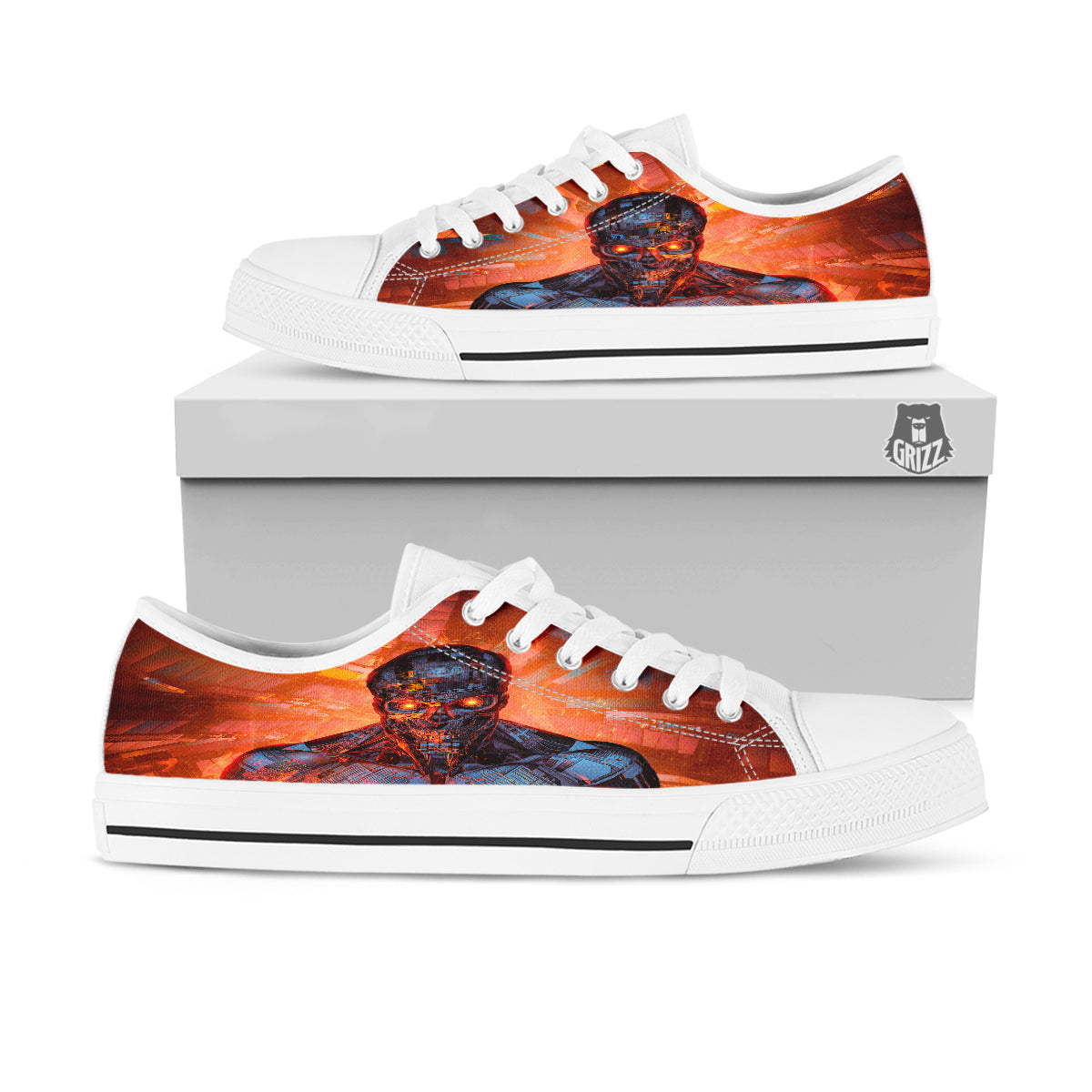 Fire Skeleton Robot Print White Low Top Shoes-grizzshop