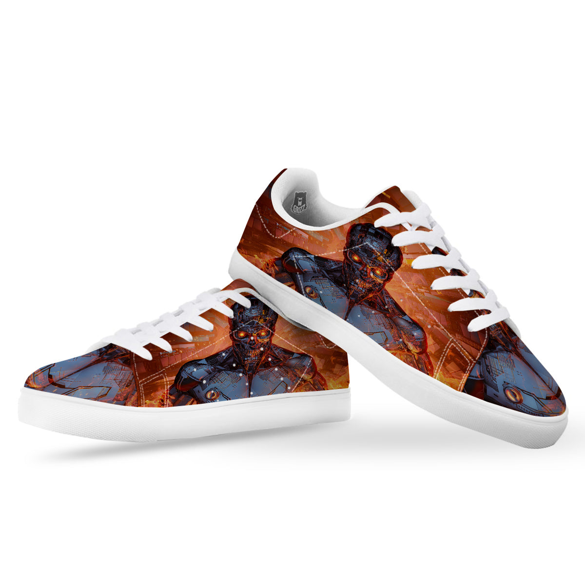 Fire Skeleton Robot Print White Low Top Sneakers-grizzshop