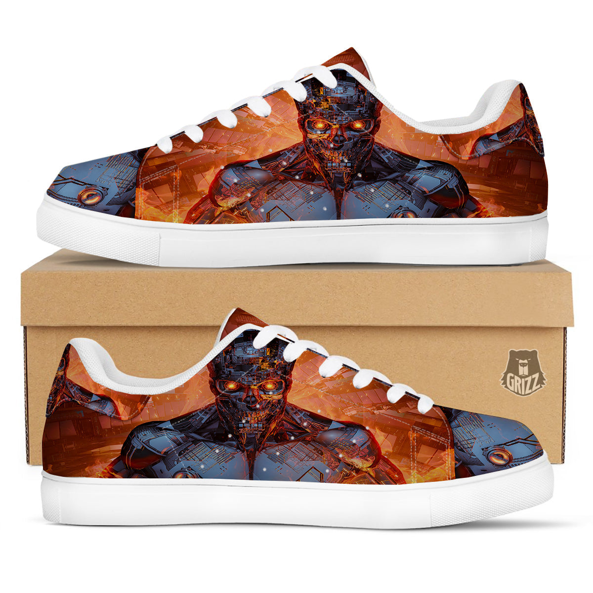 Fire Skeleton Robot Print White Low Top Sneakers-grizzshop