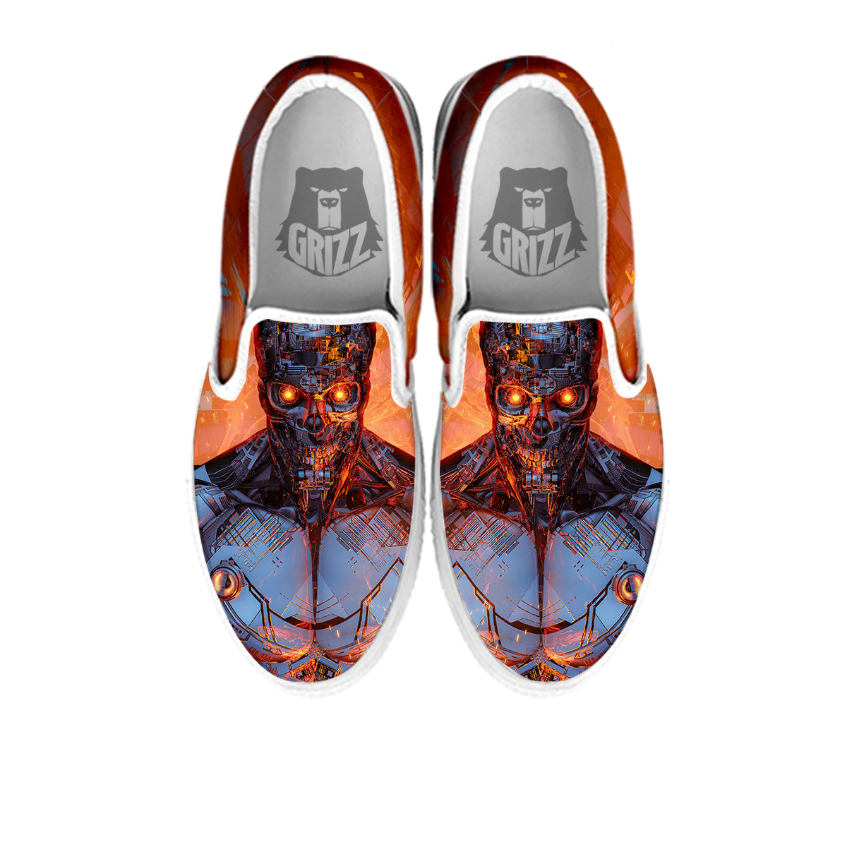 Fire Skeleton Robot Print White Slip On Shoes-grizzshop