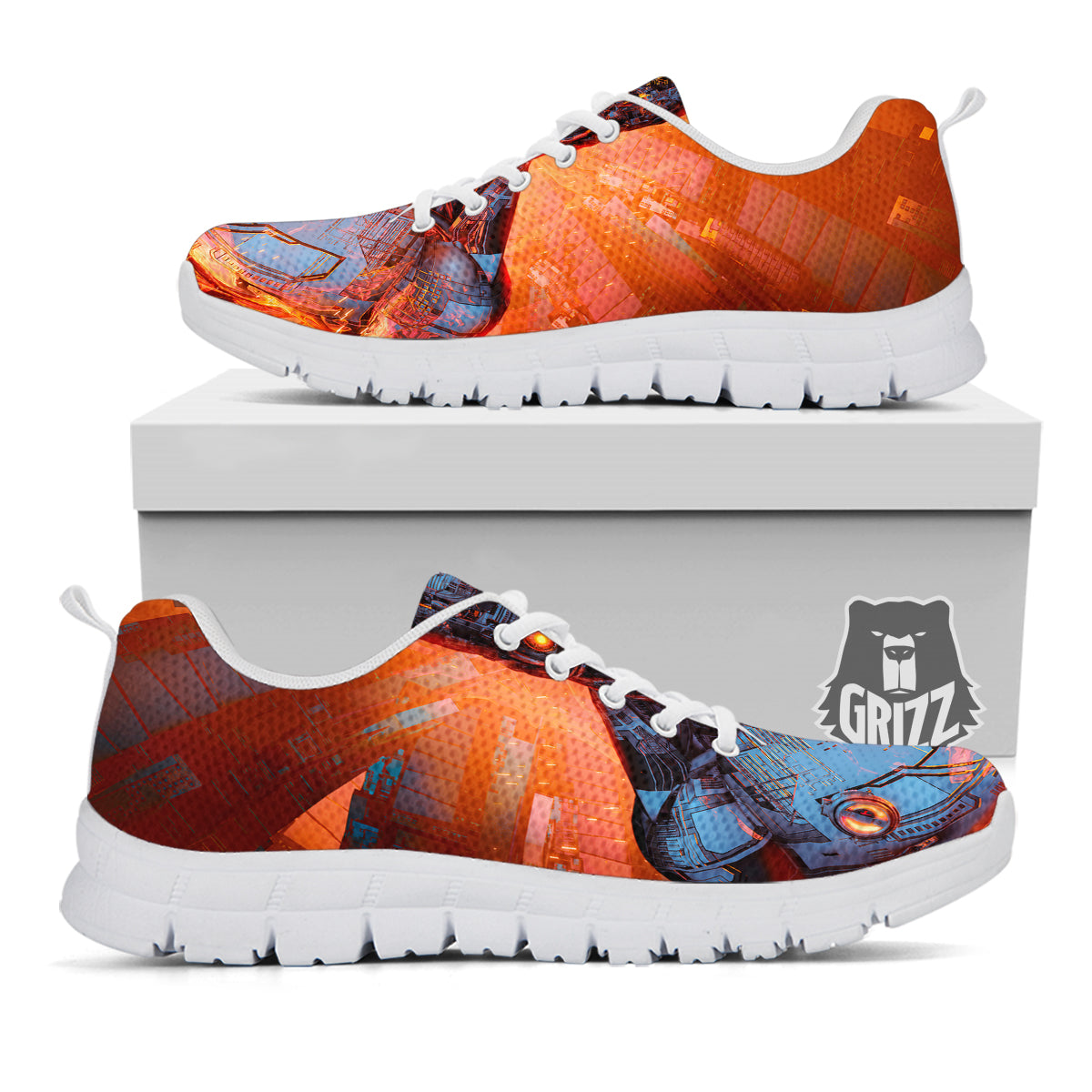 Fire Skeleton Robot Print White Sneaker-grizzshop