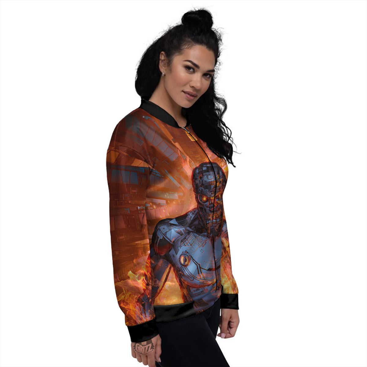 Fire Skeleton Robot Print Women's Bomber Jacket-grizzshop