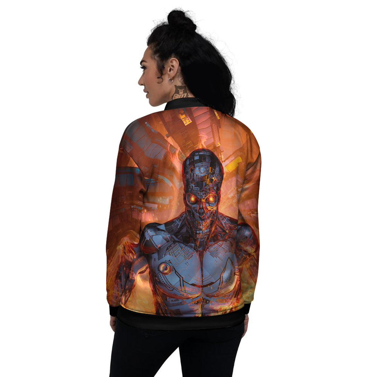 Fire Skeleton Robot Print Women's Bomber Jacket-grizzshop