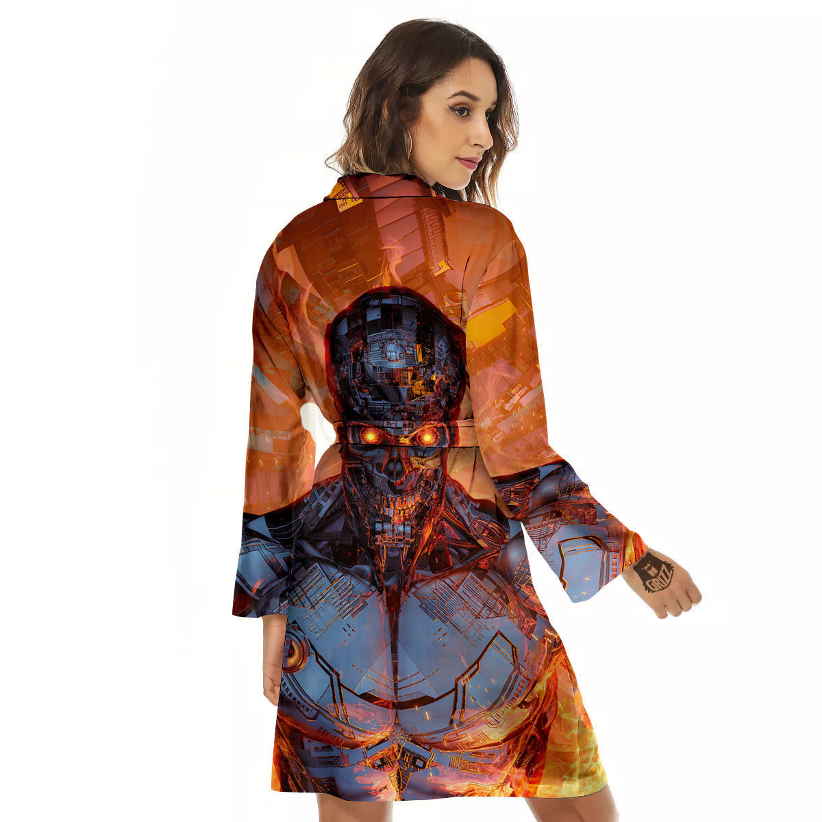 Fire Skeleton Robot Print Women's Robe-grizzshop