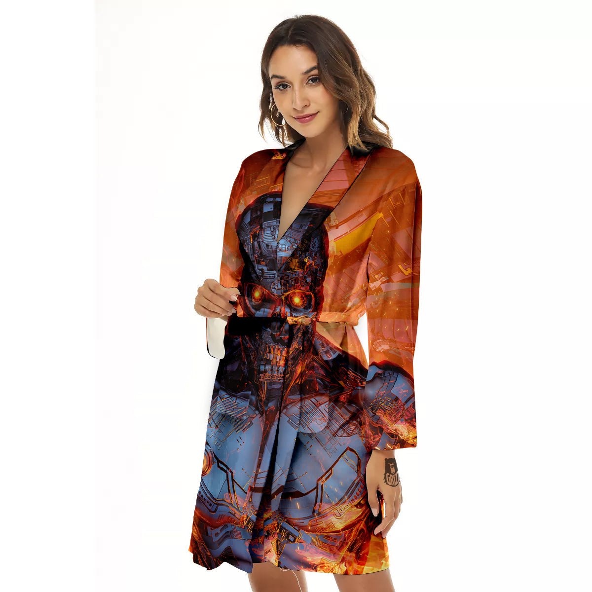Fire Skeleton Robot Print Women's Robe-grizzshop