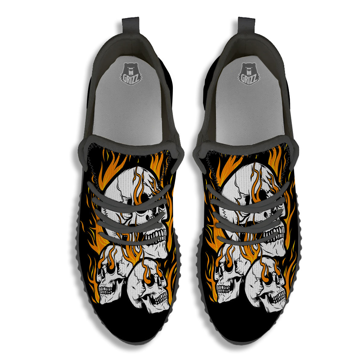 Fire Skull Head Print Black Walking Shoes-grizzshop