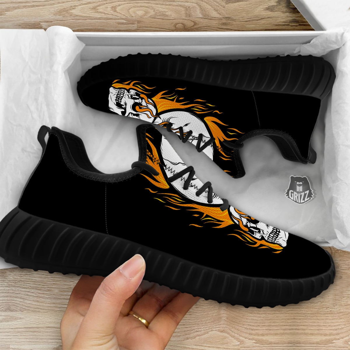 Fire Skull Head Print Black Walking Shoes-grizzshop